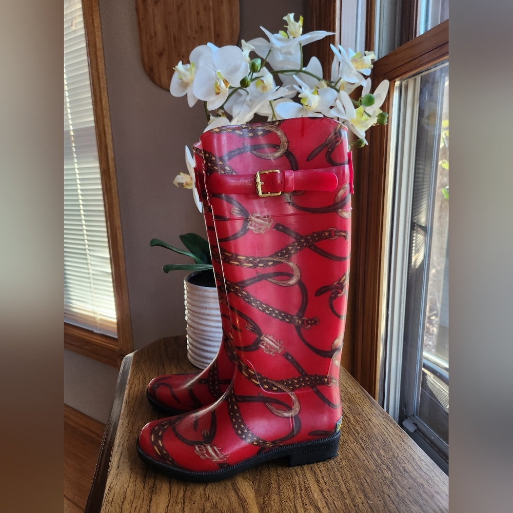 Lauren Womens Ralph Lauren Rossalyn 2 Rain Boots Size 7 Red Belt Pattern